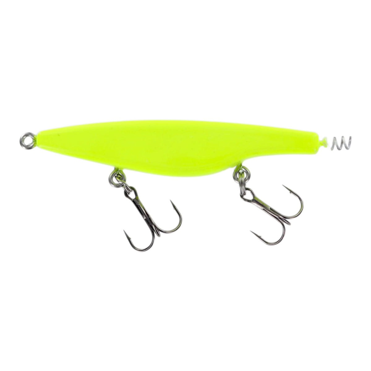 Neon yellow 3.15" Glitch Jerkbait swimbait with two treble hooks and a rear screw lock tail.
