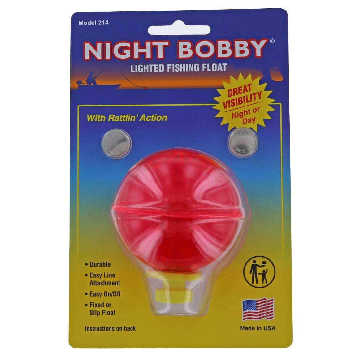 Night Bobby Lighted Fishing Float, Orange, W/ Rattlin' Action Fast Shipping
