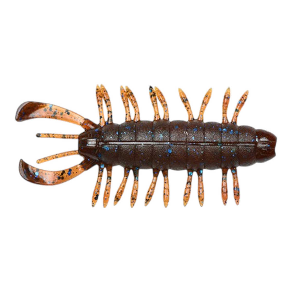 Hammonds Fishing D Style SVSB Big 3.4 inch soft plastic fishing lure in brown with blue and black glitter flakes.