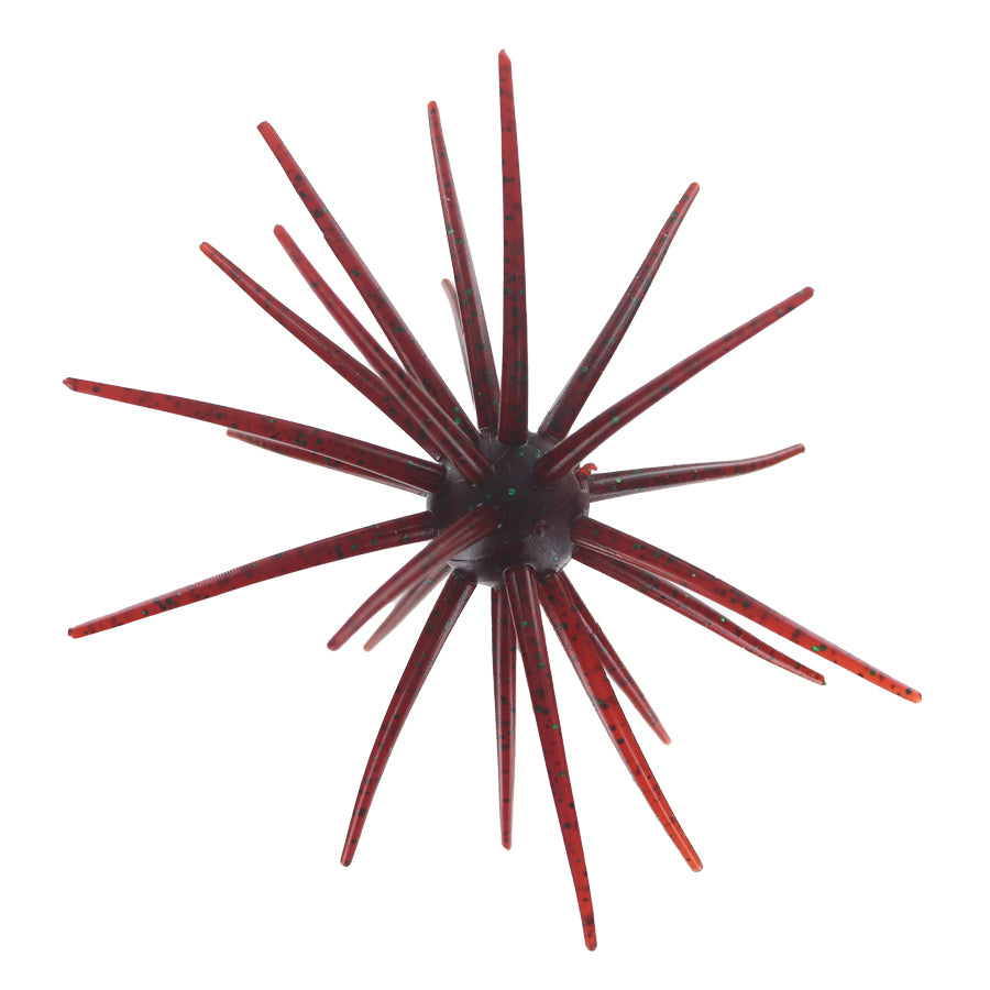 Burtek Tackle Jerkin Urchin 20mm, a red TPE fishing lure with green flecks and spiky tentacles.