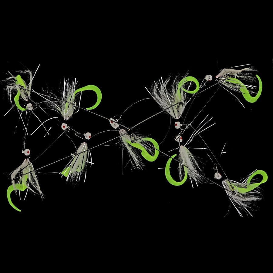 Captain Mack Trolling Umbrella Rig Bucktail Jigs with Cahrtreuse Trailer 4 Arm 2oz 9 Baits 11 Total Onces
