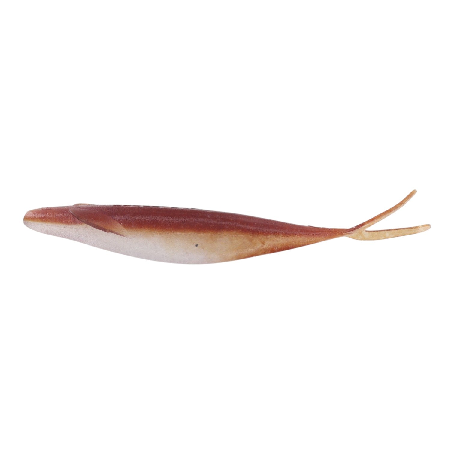 Brown and white Deps Sakamata Shad soft jerkbait with a split tail and keeled fins.
