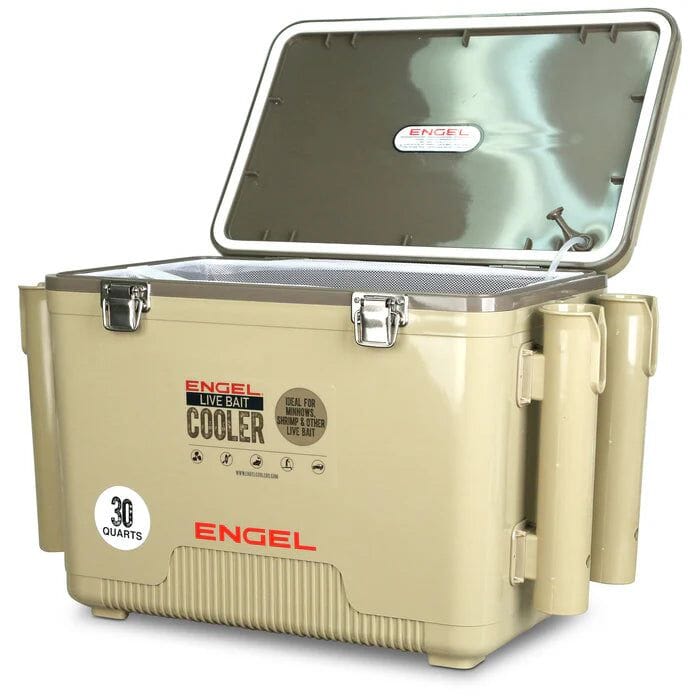 Engel 30Qt Live bait Pro Cooler with AP4 Rechargeable Aerator, Rod Holders &