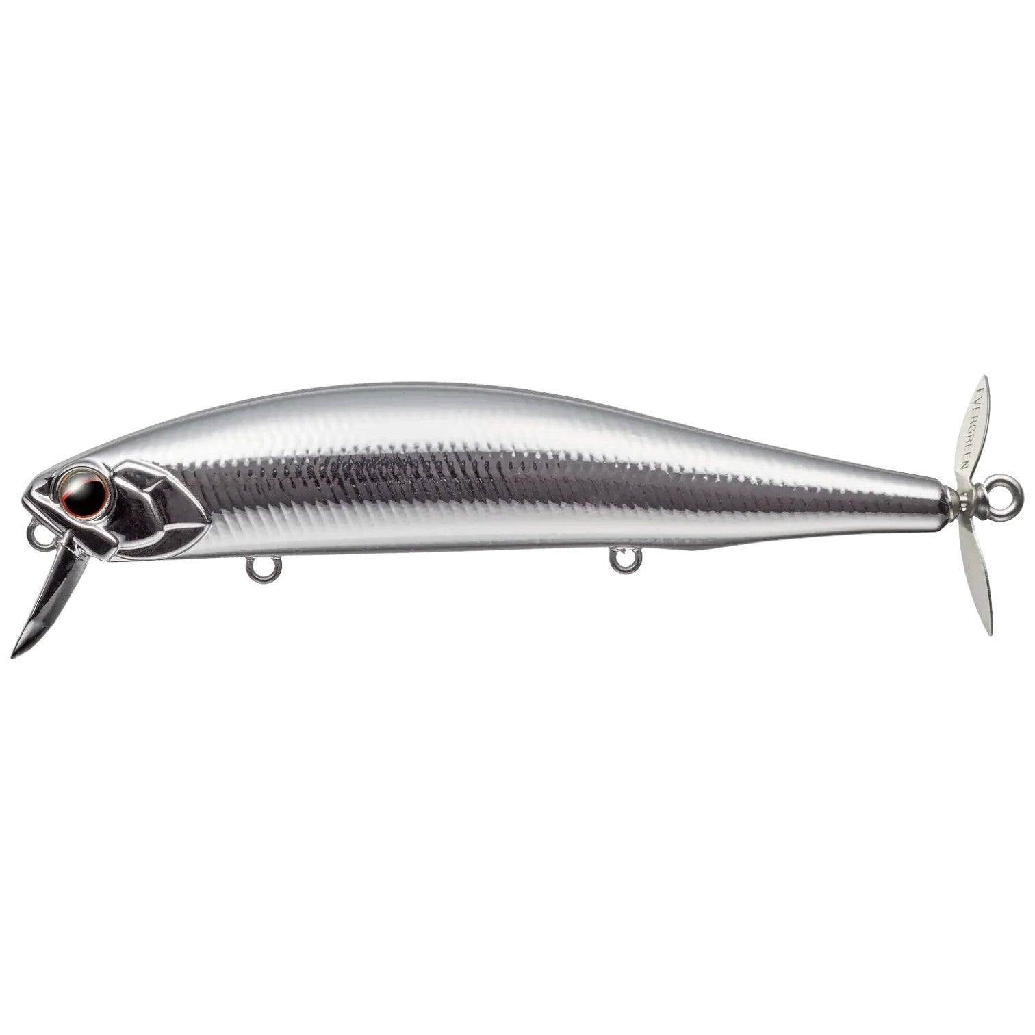 Hammonds Fishing Evergreen Wake Magic topwater lure in silver with a rear prop and realistic eye detail