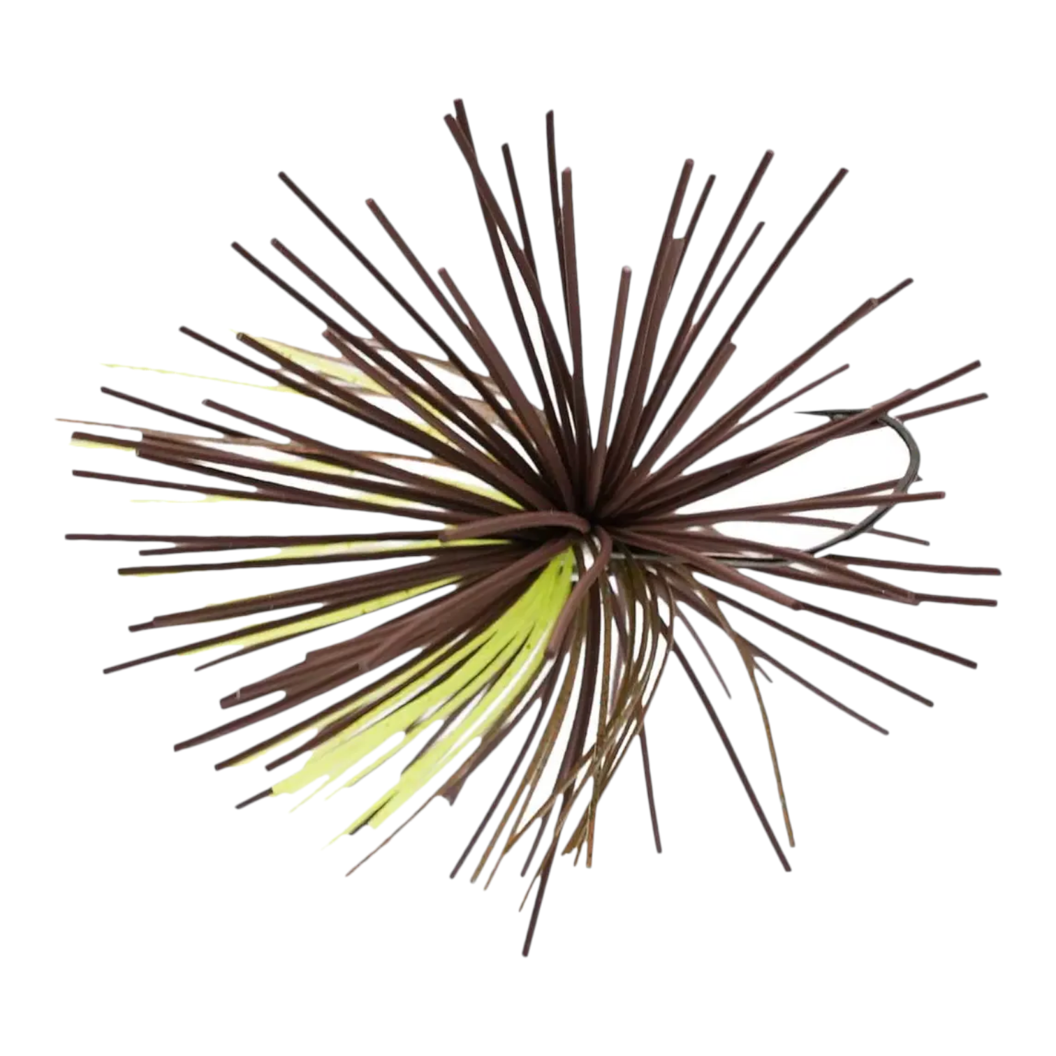 Hammonds Fishing Missile Dice Jig with brown and chartreuse rubber skirt for urchin-style bass fishing