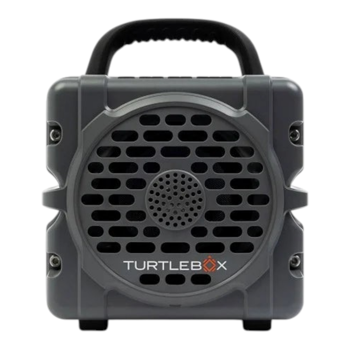 Hammonds Fishing TurtleBox Cub waterproof portable speaker in dark grey with a rugged cube design and top handle.