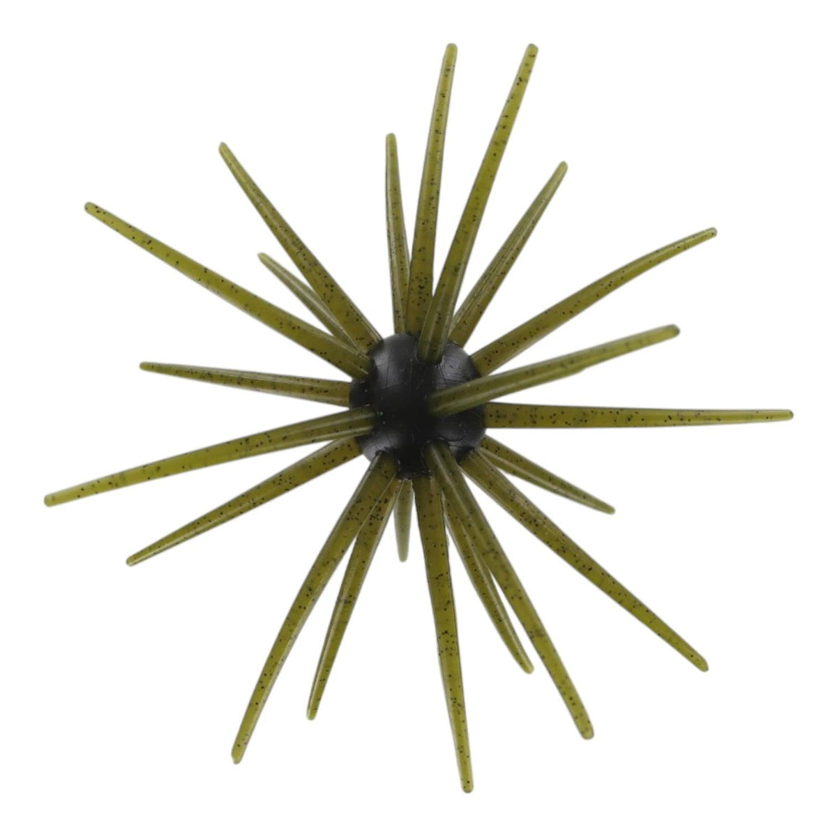 Green speckled TPE Jerkin Urchin 25mm fishing lure with a black center and spiky tentacles.