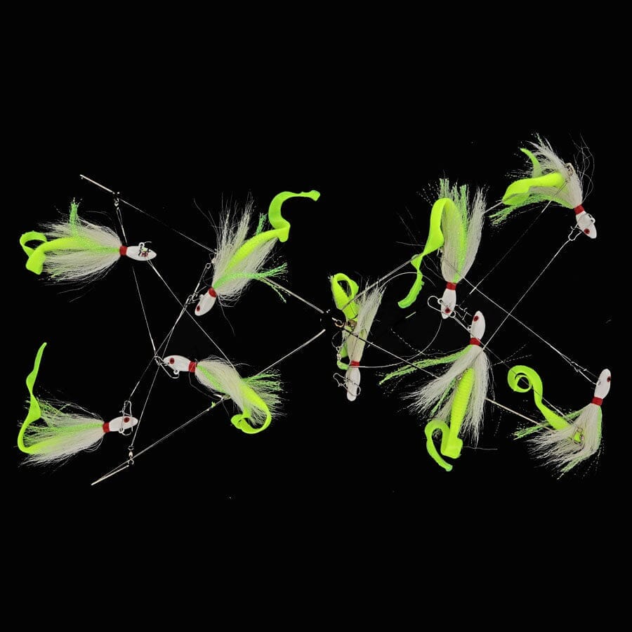 Captain Mack Trolling Umbrella Rig Bucktail Jigs with Cahrtreuse Trailer-4 Arm 3oz 9 Baits 14 Total Ounces-