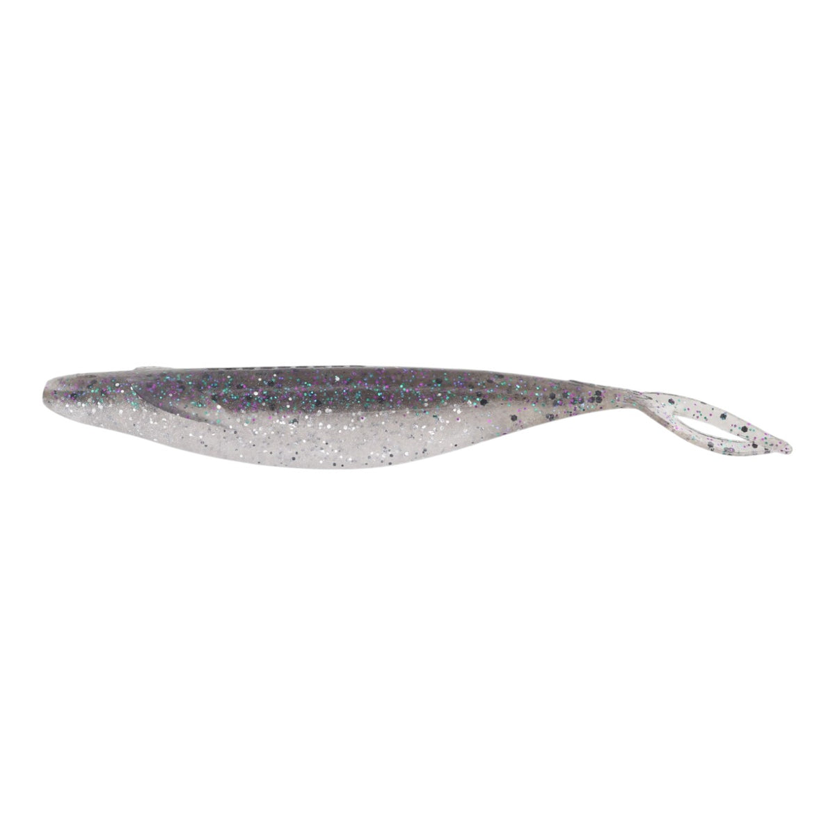 Deps Sakamata Shad soft jerkbait in clear with purple and silver glitter, featuring a split tail.