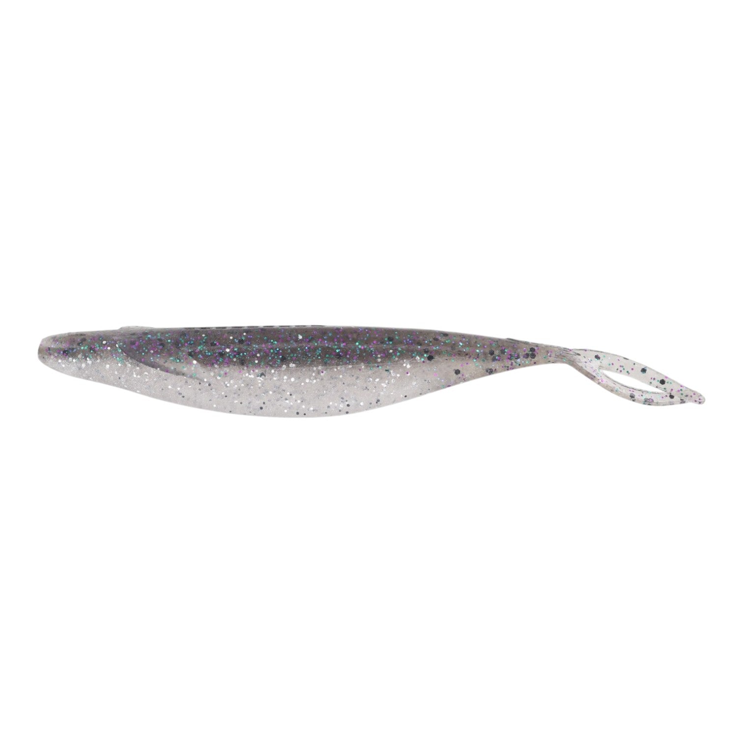 Deps Sakamata Shad soft jerkbait in clear with purple and silver glitter, featuring a split tail.