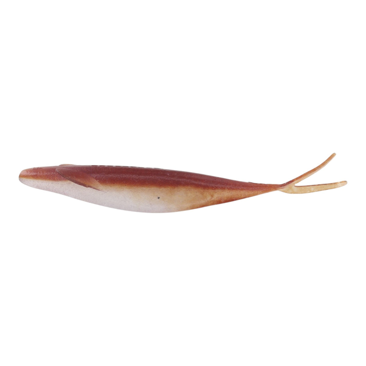 Brown and white Deps Sakamata Shad soft jerkbait with a split tail and keeled fins.