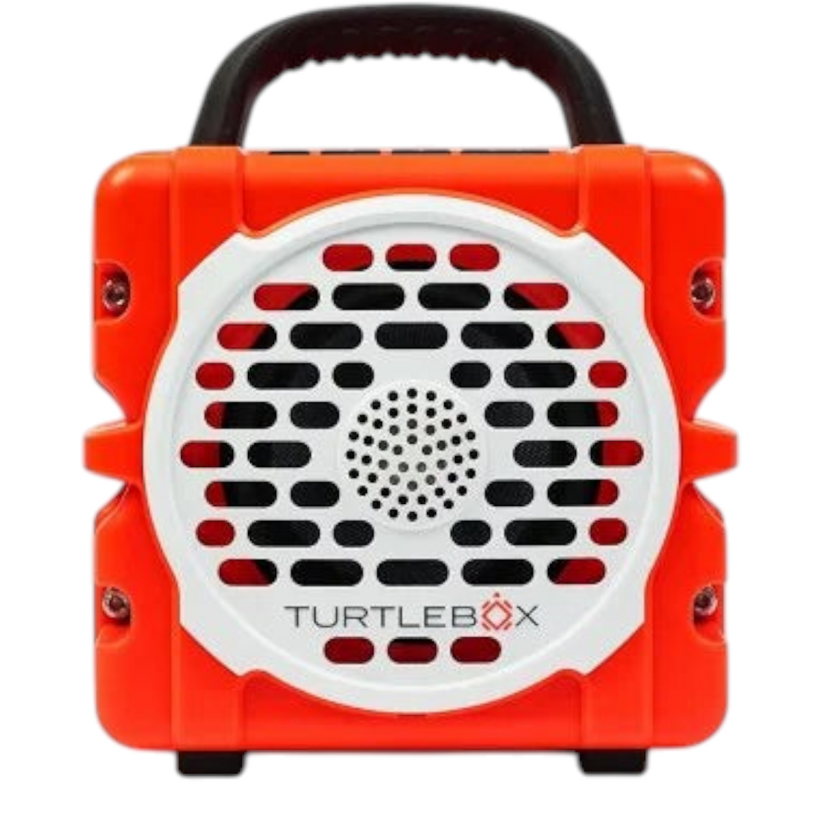 Hammonds Fishing TurtleBox Cub waterproof portable speaker in bright orange with a white grille and carry handle.