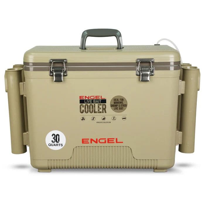 Engel 30Qt Live bait Pro Cooler with AP4 Rechargeable Aerator, Rod Holders & 