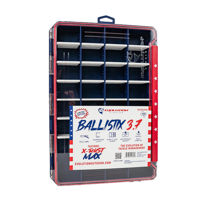 Evolution Fishing Ballistix 3.7 Tackle Tray with clear lid, blue base, and patriotic red, white, and blue label.