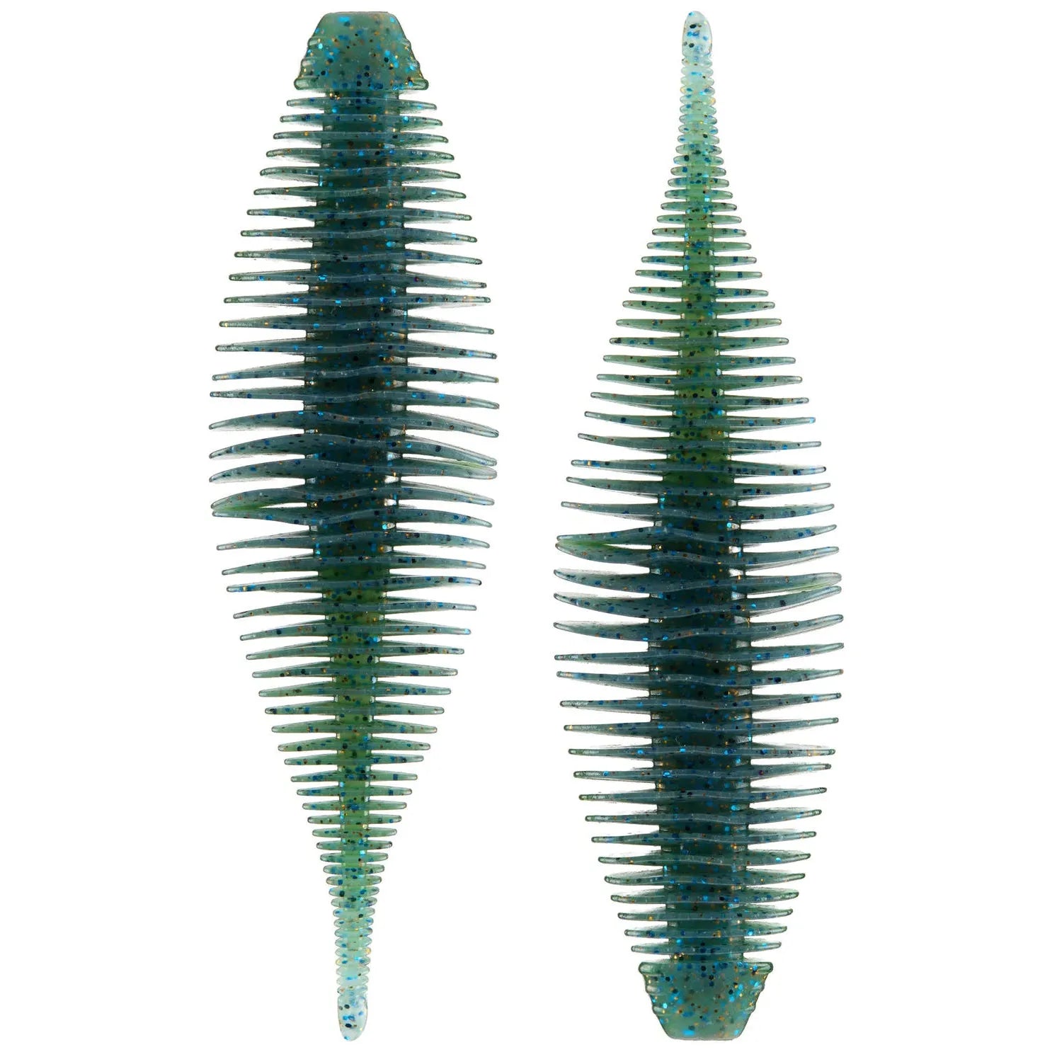 Two Geecrack Bellows Shad soft plastic lures in green pumpkin with blue flakes, featuring ribbed bodies.
