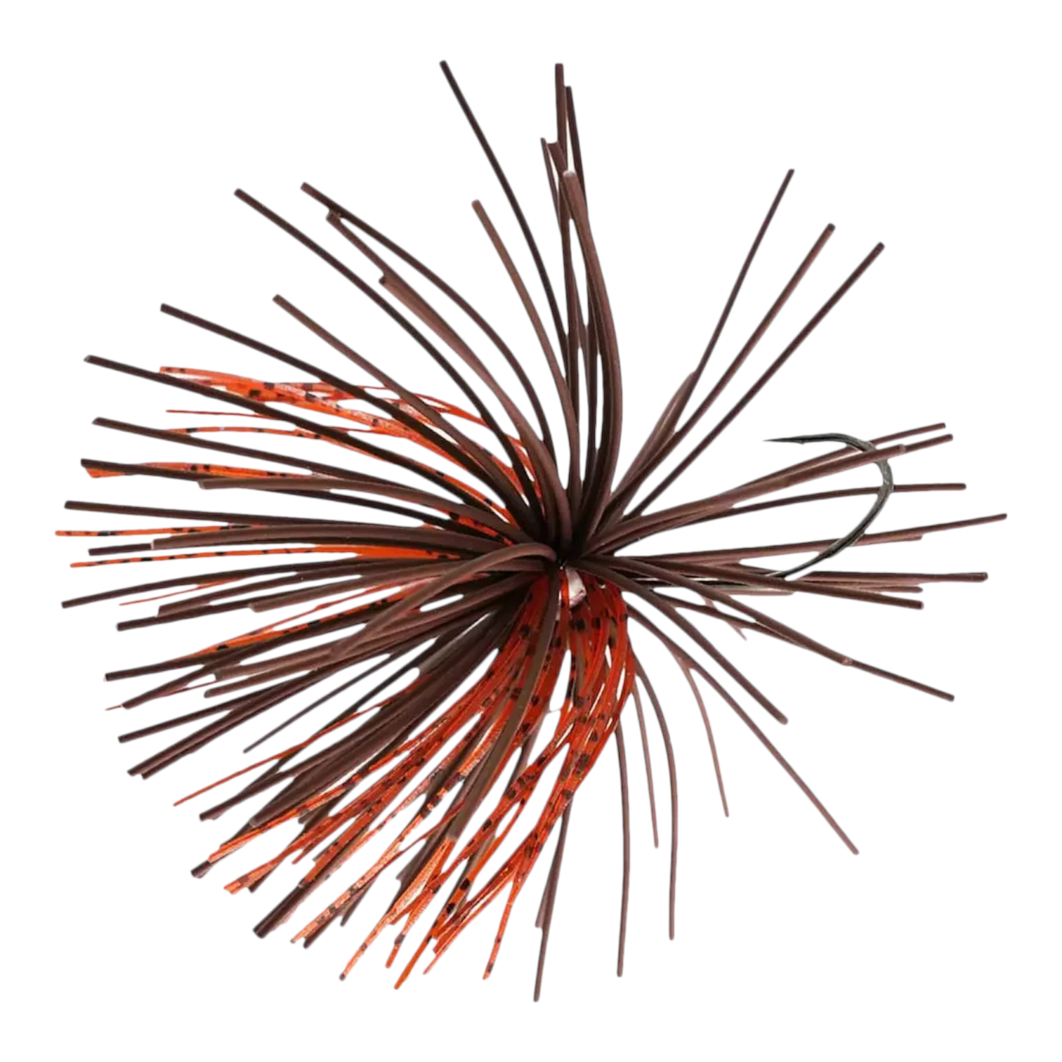 Hammonds Fishing Missile Dice Jig with brown and orange hand-tied rubber skirt and sharp VMC hook for bass fishing.