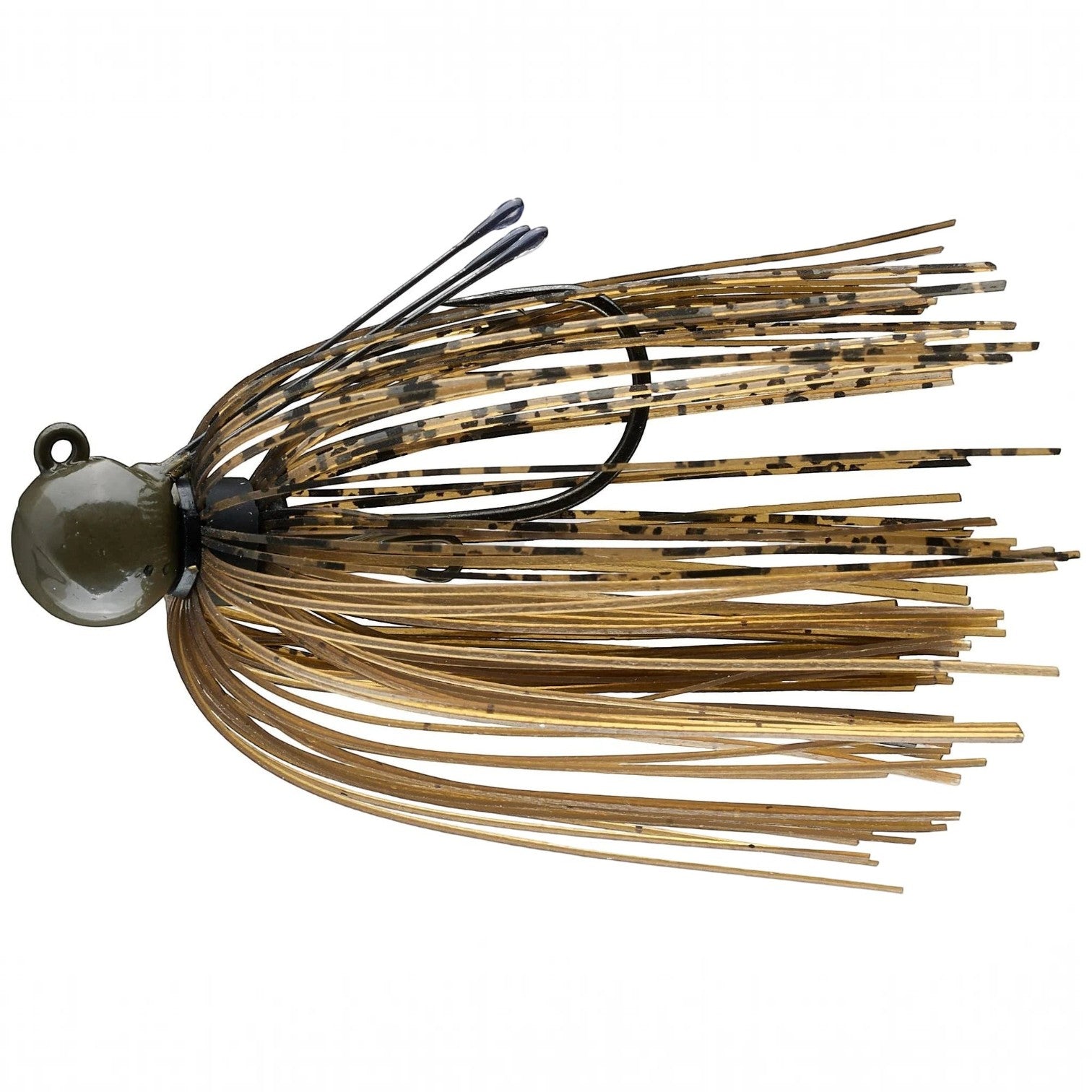Hammonds Fishing Picasso Pro Metal Little Spotty Jig with a green head, titanium weed guard, and brown spotted skirt.