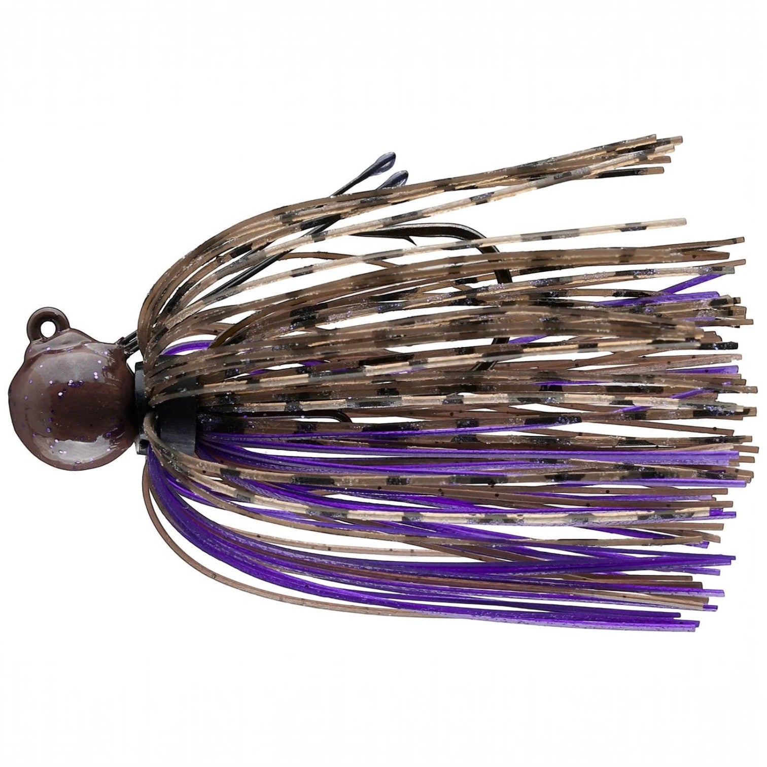 Hammonds Fishing Picasso Pro Metal Little Spotty Jig with brown and purple silicone skirt and titanium weed guard