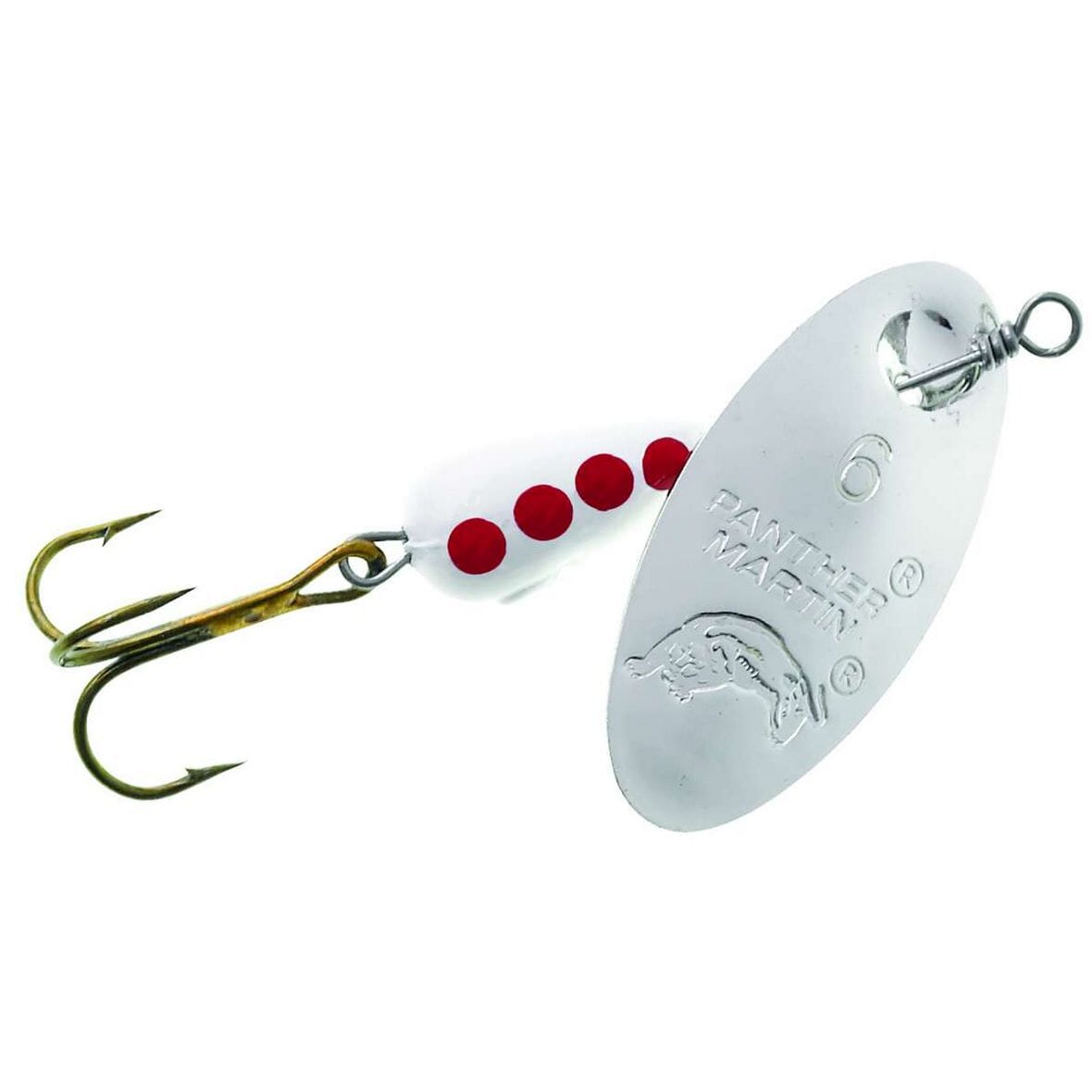 cheap spinning fishing lures Panther Martin Regular Series Spinner Silver/White/Red; 1/8 oz Designed to run between BFS22 Johnson Beetle Spin , Color:White White Red