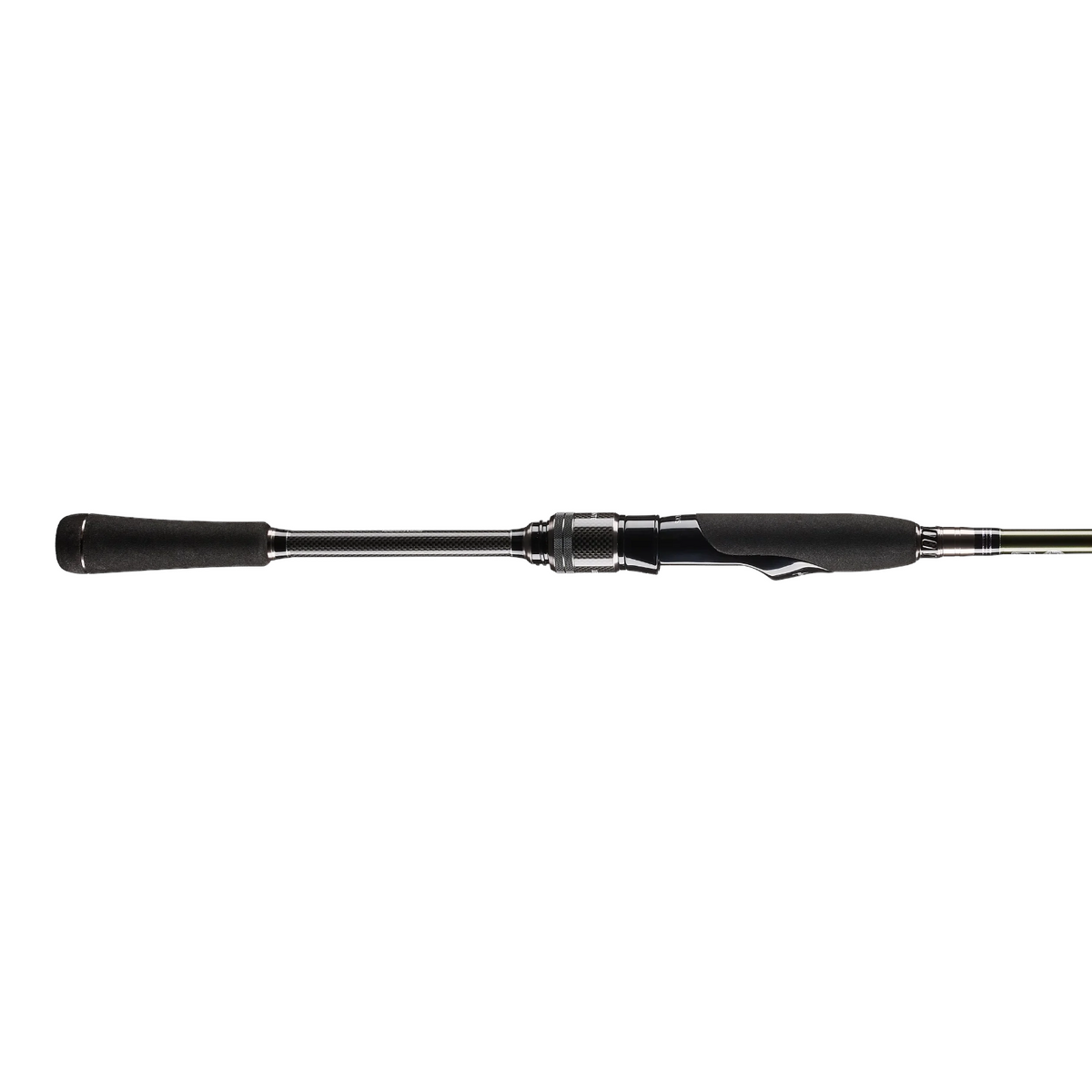 Hammonds Fishing Megabass Levante JP spinning rod handle with black foam grip and carbon fiber reel seat detail