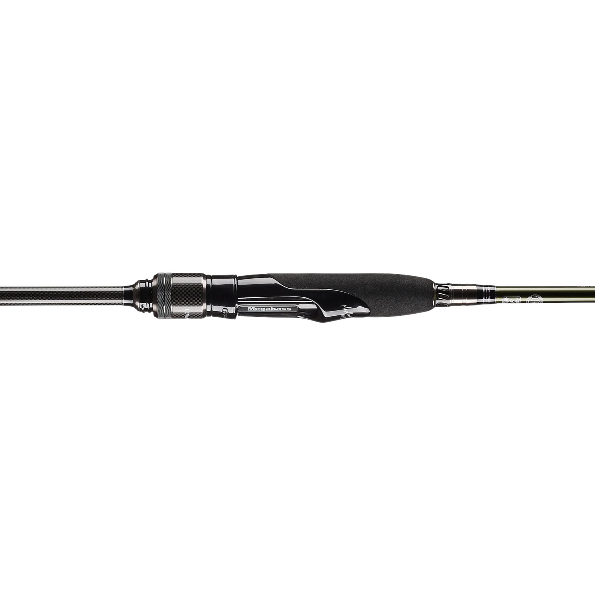 Hammonds Fishing Megabass Levante JP spinning rod handle with black foam grip and carbon fiber reel seat details