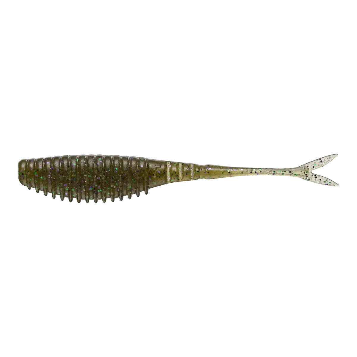 Hammonds Fishing Evergreen Bull Point Shad soft plastic lure in olive green with purple and green glitter flakes.