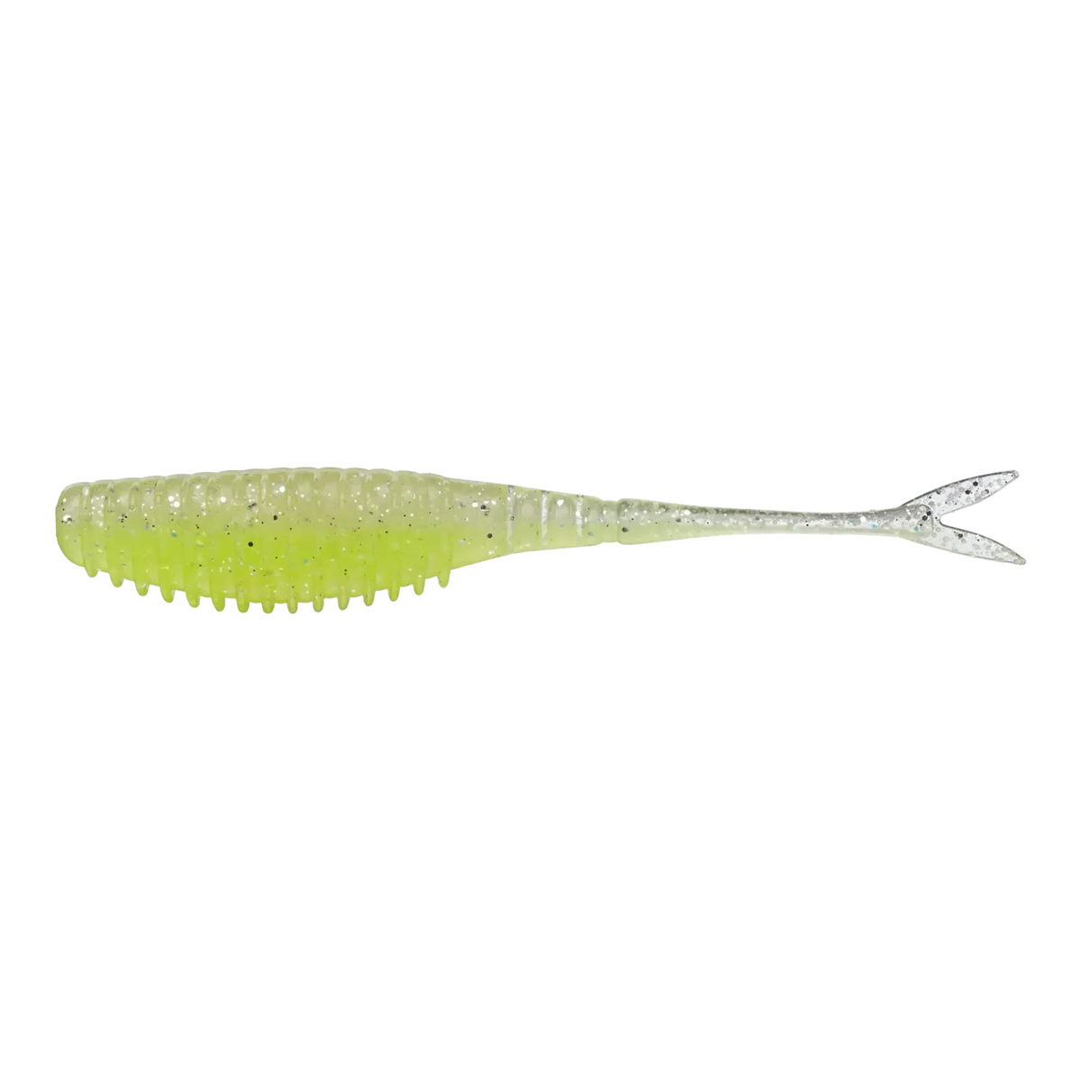 Hammonds Fishing Evergreen Bull Point Shad soft plastic lure in translucent chartreuse with glitter and split tail
