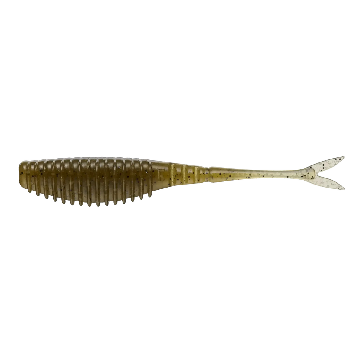Hammonds Fishing Evergreen Bull Point Shad soft plastic lure in green pumpkin with a ribbed body and V-shaped tail.