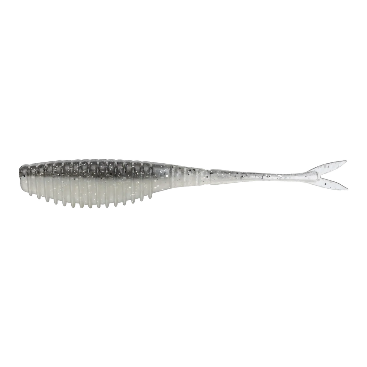 Hammonds Fishing Evergreen Bull Point Shad soft plastic bait with a ribbed body and split tail in a translucent grey