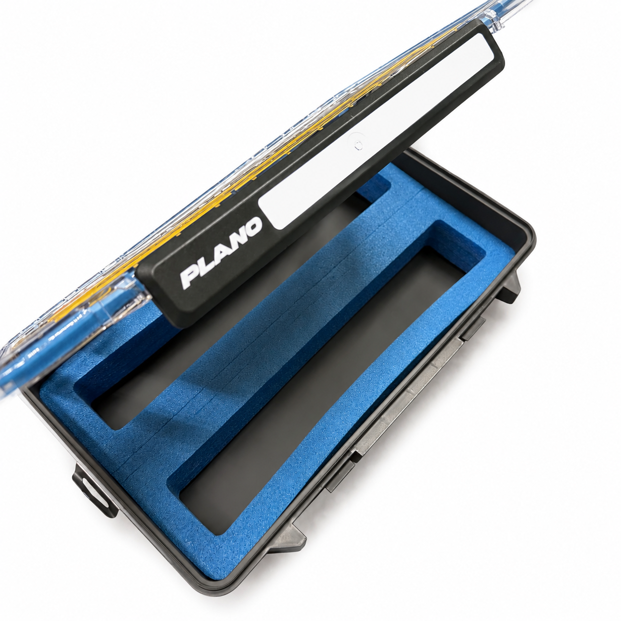 Open black Plano tackle box with a blue foam insert, designed for organizing fishing baits.